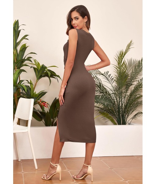 oten Women's Casual Sleeveless Cutout Twist Front Side Slit Ribbed Knit Party Bodycon Midi Dresses