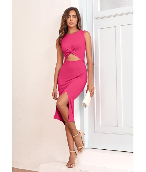 oten Women's Casual Sleeveless Cutout Twist Front Side Slit Ribbed Knit Party Bodycon Midi Dresses