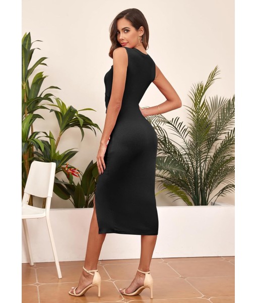 oten Women's Casual Sleeveless Cutout Twist Front Side Slit Ribbed Knit Party Bodycon Midi Dresses