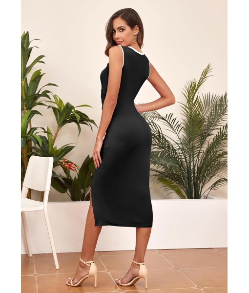 oten Women's Casual Sleeveless Cutout Twist Front Side Slit Ribbed Knit Party Bodycon Midi Dresses