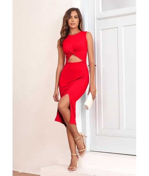 oten Women's Casual Sleeveless Cutout Twist Front Side Slit Ribbed Knit Party Bodycon Midi Dresses