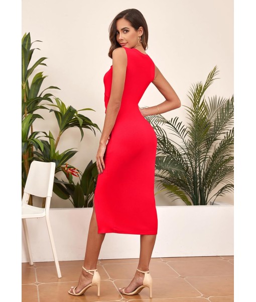 oten Women's Casual Sleeveless Cutout Twist Front Side Slit Ribbed Knit Party Bodycon Midi Dresses
