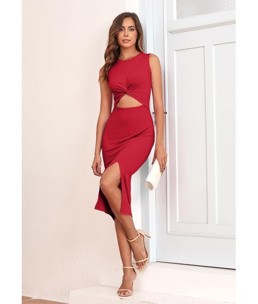 oten Women's Casual Sleeveless Cutout Twist Front Side Slit Ribbed Knit Party Bodycon Midi Dresses