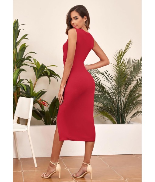 oten Women's Casual Sleeveless Cutout Twist Front Side Slit Ribbed Knit Party Bodycon Midi Dresses