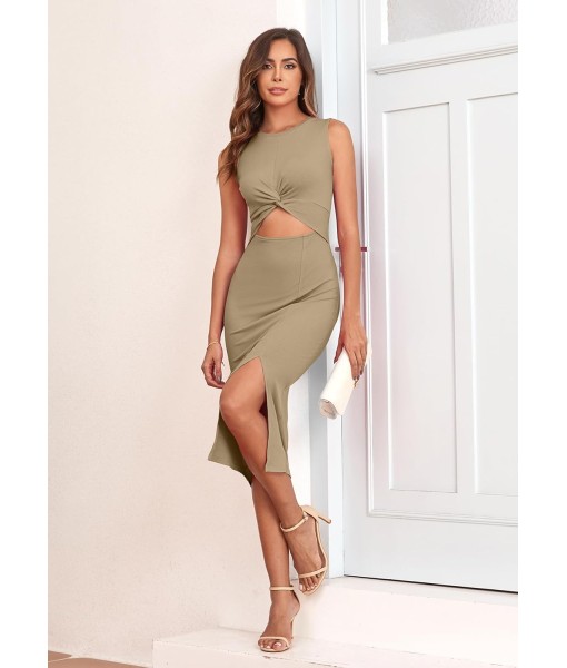 oten Women's Casual Sleeveless Cutout Twist Front Side Slit Ribbed Knit Party Bodycon Midi Dresses