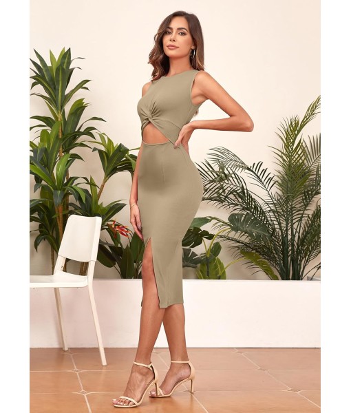 oten Women's Casual Sleeveless Cutout Twist Front Side Slit Ribbed Knit Party Bodycon Midi Dresses