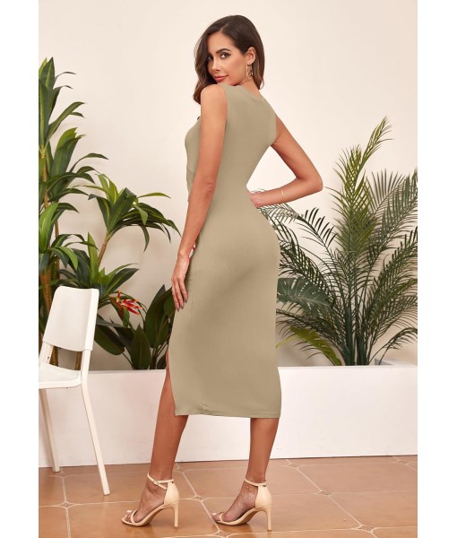 oten Women's Casual Sleeveless Cutout Twist Front Side Slit Ribbed Knit Party Bodycon Midi Dresses