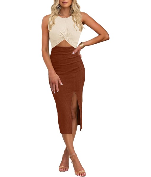 oten Women's Casual Sleeveless Cutout Twist Front Side Slit Ribbed Knit Party Bodycon Midi Dresses