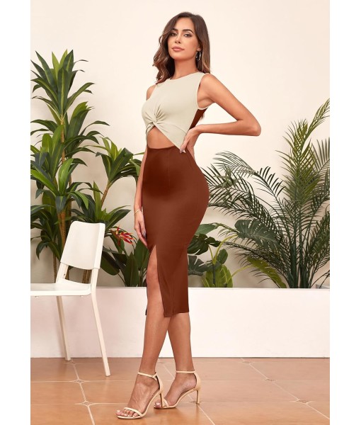 oten Women's Casual Sleeveless Cutout Twist Front Side Slit Ribbed Knit Party Bodycon Midi Dresses