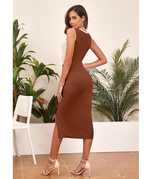 oten Women's Casual Sleeveless Cutout Twist Front Side Slit Ribbed Knit Party Bodycon Midi Dresses