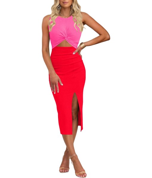 oten Women's Casual Sleeveless Cutout Twist Front Side Slit Ribbed Knit Party Bodycon Midi Dresses