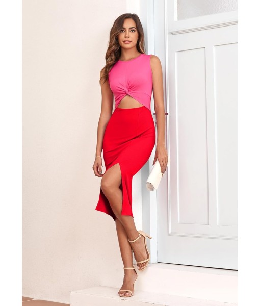oten Women's Casual Sleeveless Cutout Twist Front Side Slit Ribbed Knit Party Bodycon Midi Dresses