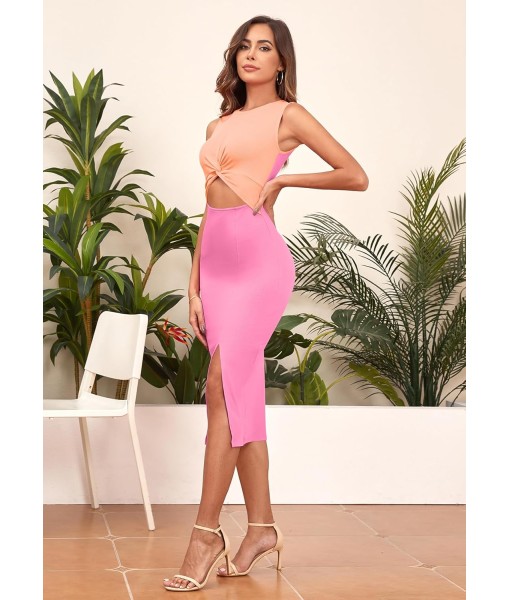 oten Women's Casual Sleeveless Cutout Twist Front Side Slit Ribbed Knit Party Bodycon Midi Dresses