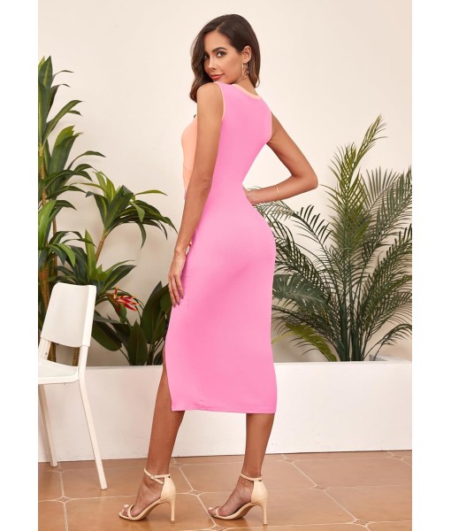 oten Women's Casual Sleeveless Cutout Twist Front Side Slit Ribbed Knit Party Bodycon Midi Dresses