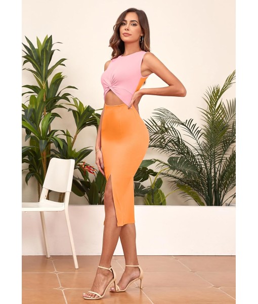 oten Women's Casual Sleeveless Cutout Twist Front Side Slit Ribbed Knit Party Bodycon Midi Dresses