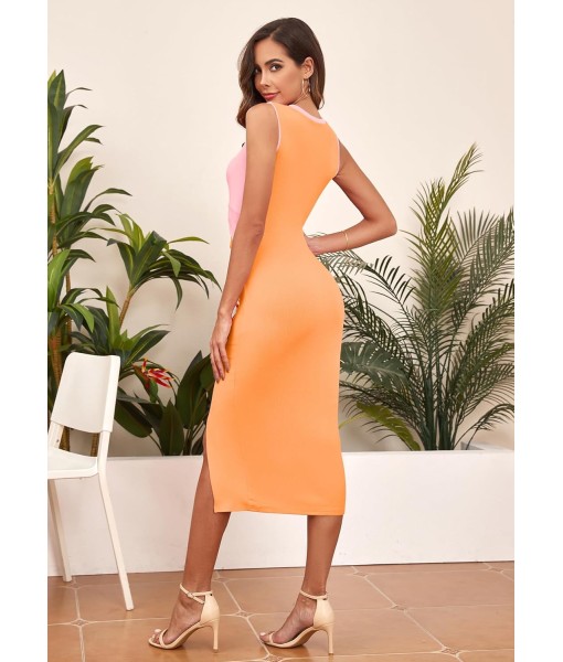 oten Women's Casual Sleeveless Cutout Twist Front Side Slit Ribbed Knit Party Bodycon Midi Dresses