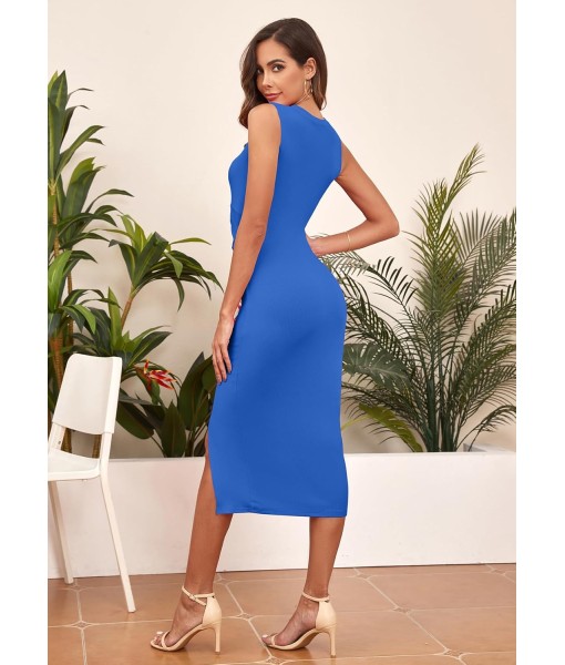 oten Women's Casual Sleeveless Cutout Twist Front Side Slit Ribbed Knit Party Bodycon Midi Dresses