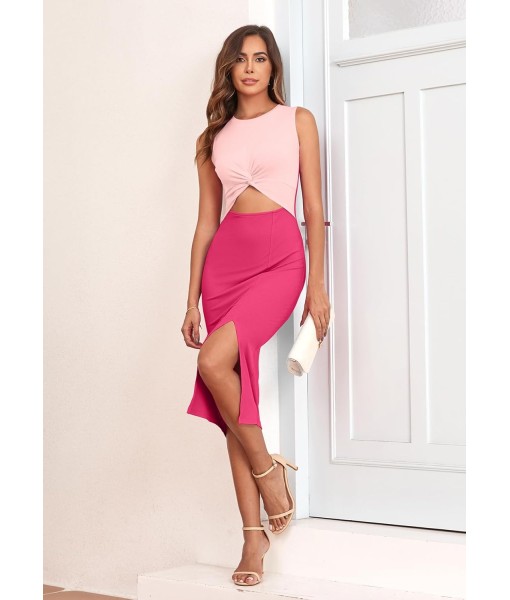 oten Women's Casual Sleeveless Cutout Twist Front Side Slit Ribbed Knit Party Bodycon Midi Dresses