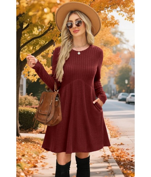 OFEEFAN Long Sleeve Dress for Women Crew Neck Empire Waist Tunic Dress with Pockets