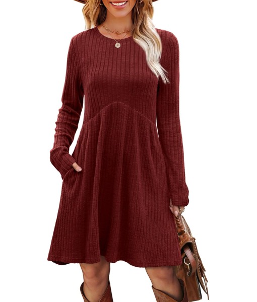 OFEEFAN Long Sleeve Dress for Women Crew Neck Empire Waist Tunic Dress with Pockets