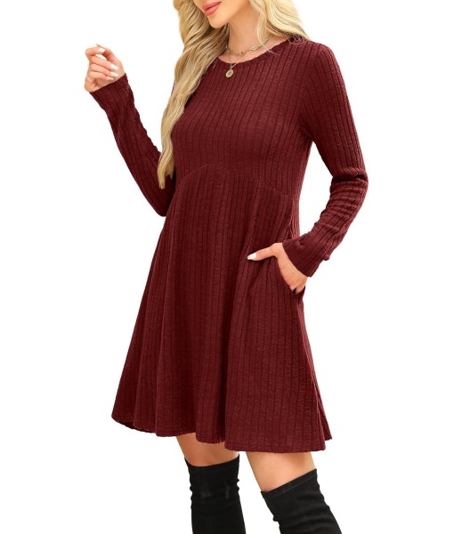 OFEEFAN Long Sleeve Dress for Women Crew Neck Empire Waist Tunic Dress with Pockets