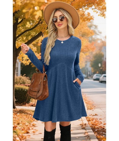 OFEEFAN Long Sleeve Dress for Women Crew Neck Empire Waist Tunic Dress with Pockets
