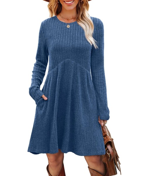 OFEEFAN Long Sleeve Dress for Women Crew Neck Empire Waist Tunic Dress with Pockets