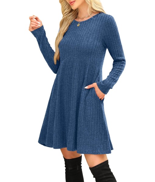 OFEEFAN Long Sleeve Dress for Women Crew Neck Empire Waist Tunic Dress with Pockets