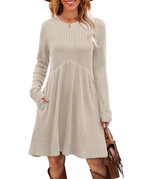 OFEEFAN Long Sleeve Dress for Women Crew Neck Empire Waist Tunic Dress with Pockets