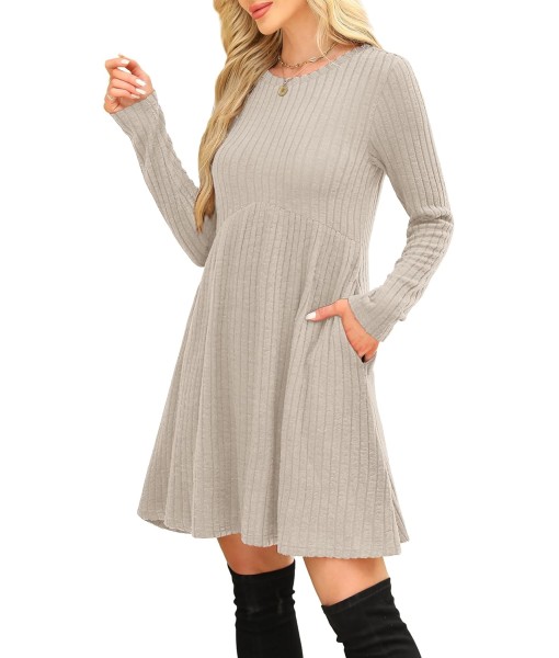 OFEEFAN Long Sleeve Dress for Women Crew Neck Empire Waist Tunic Dress with Pockets