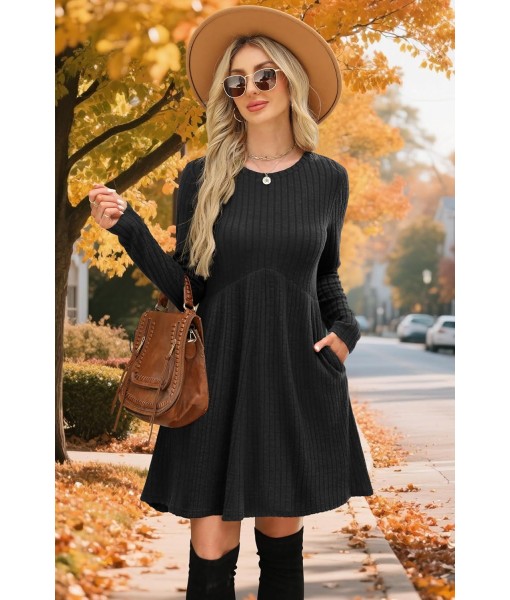 OFEEFAN Long Sleeve Dress for Women Crew Neck Empire Waist Tunic Dress with Pockets
