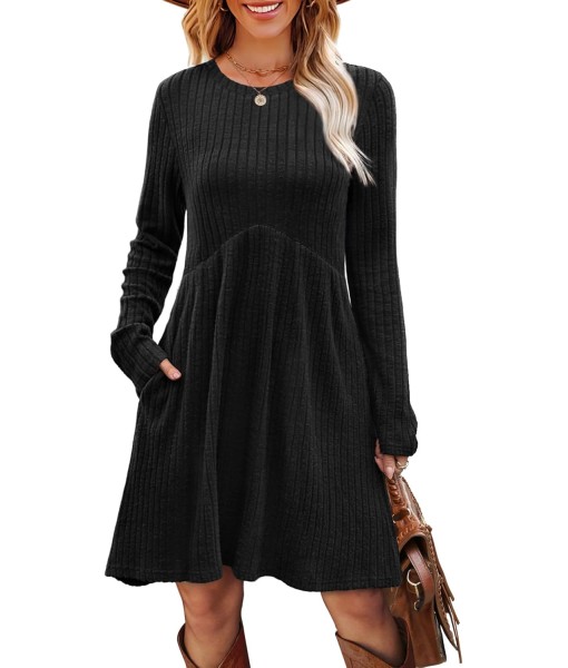 OFEEFAN Long Sleeve Dress for Women Crew Neck Empire Waist Tunic Dress with Pockets