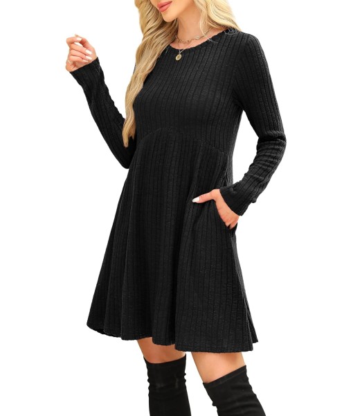 OFEEFAN Long Sleeve Dress for Women Crew Neck Empire Waist Tunic Dress with Pockets