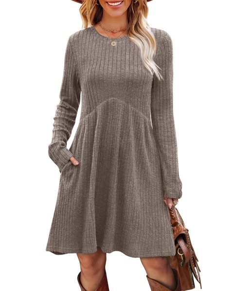 OFEEFAN Long Sleeve Dress for Women Crew Neck Empire Waist Tunic Dress with Pockets