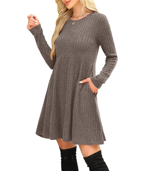 OFEEFAN Long Sleeve Dress for Women Crew Neck Empire Waist Tunic Dress with Pockets