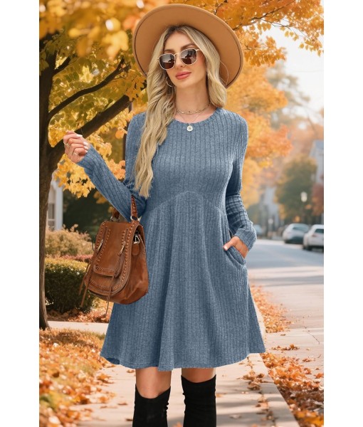 OFEEFAN Long Sleeve Dress for Women Crew Neck Empire Waist Tunic Dress with Pockets