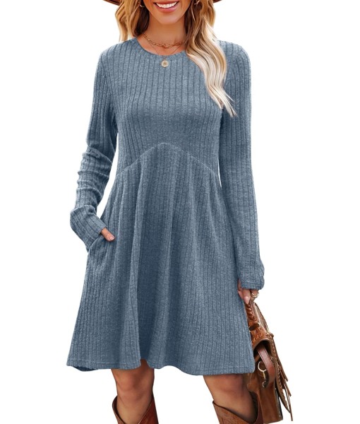 OFEEFAN Long Sleeve Dress for Women Crew Neck Empire Waist Tunic Dress with Pockets
