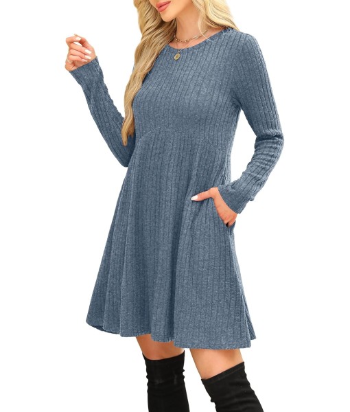 OFEEFAN Long Sleeve Dress for Women Crew Neck Empire Waist Tunic Dress with Pockets