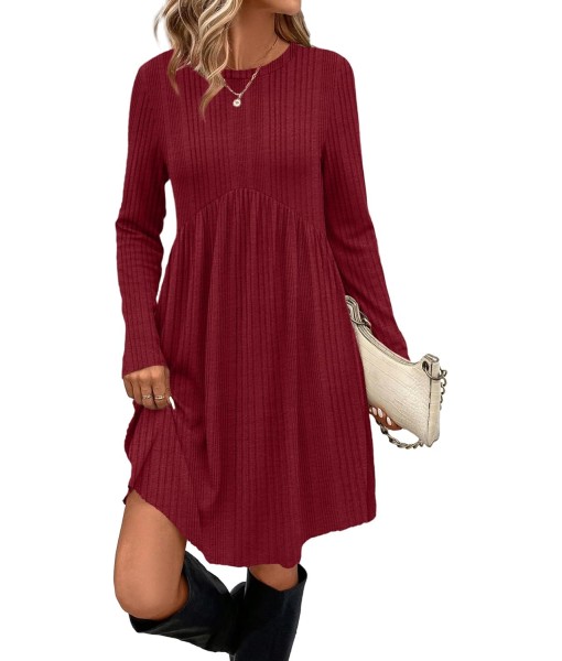 OFEEFAN Long Sleeve Dress for Women Crew Neck Empire Waist Tunic Dress with Pockets