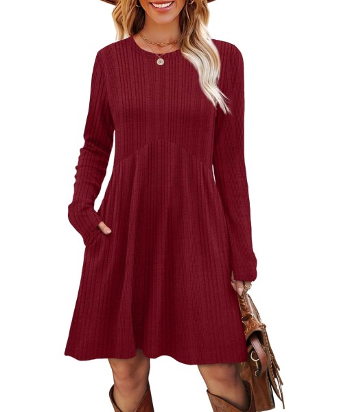 OFEEFAN Long Sleeve Dress for Women Crew Neck Empire Waist Tunic Dress with Pockets