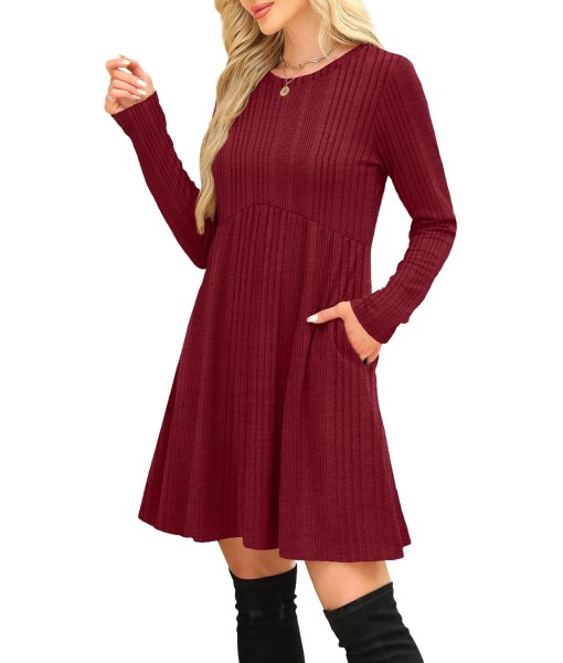 OFEEFAN Long Sleeve Dress for Women Crew Neck Empire Waist Tunic Dress with Pockets