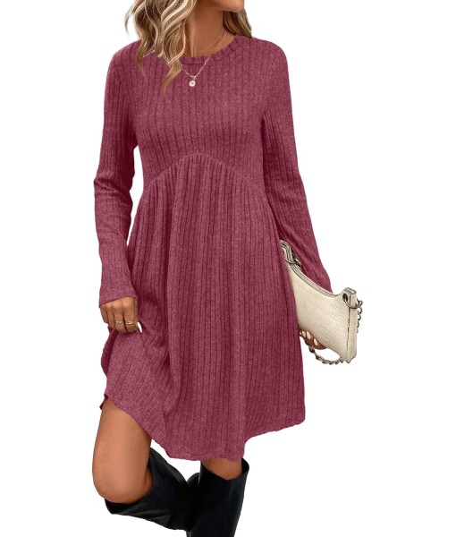 OFEEFAN Long Sleeve Dress for Women Crew Neck Empire Waist Tunic Dress with Pockets