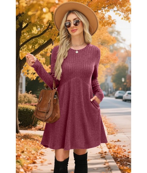 OFEEFAN Long Sleeve Dress for Women Crew Neck Empire Waist Tunic Dress with Pockets
