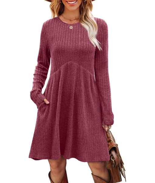OFEEFAN Long Sleeve Dress for Women Crew Neck Empire Waist Tunic Dress with Pockets