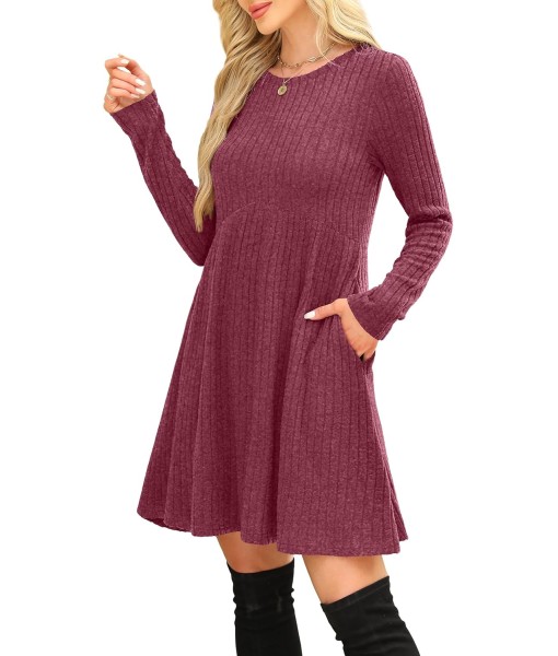 OFEEFAN Long Sleeve Dress for Women Crew Neck Empire Waist Tunic Dress with Pockets