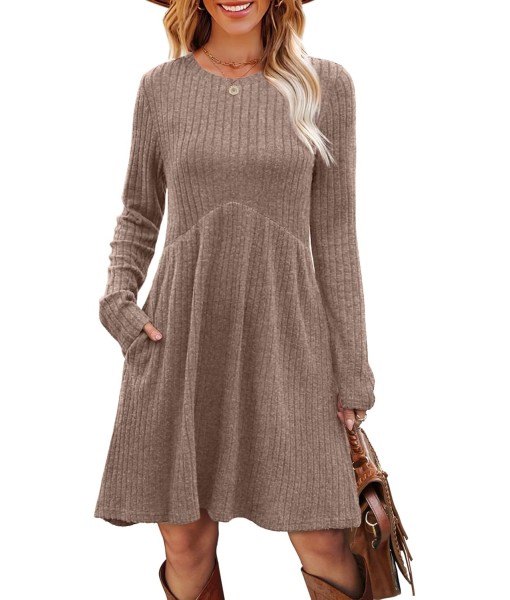 OFEEFAN Long Sleeve Dress for Women Crew Neck Empire Waist Tunic Dress with Pockets