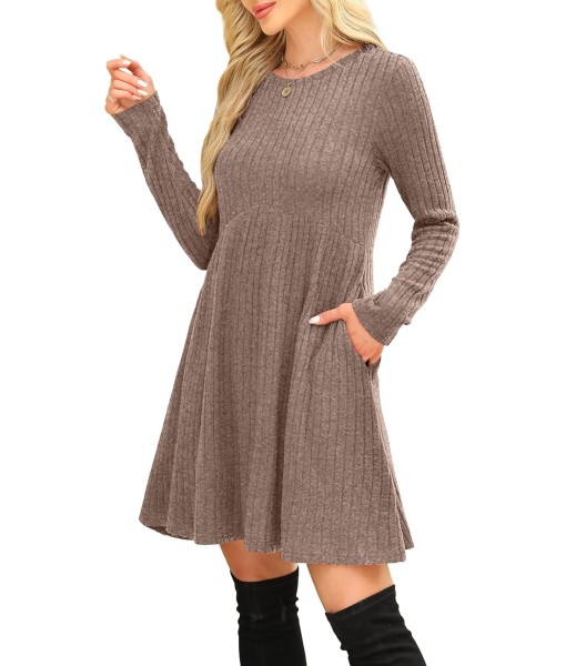 OFEEFAN Long Sleeve Dress for Women Crew Neck Empire Waist Tunic Dress with Pockets