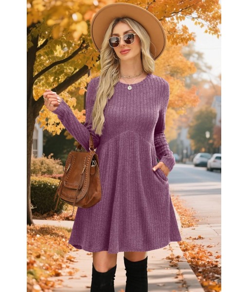 OFEEFAN Long Sleeve Dress for Women Crew Neck Empire Waist Tunic Dress with Pockets