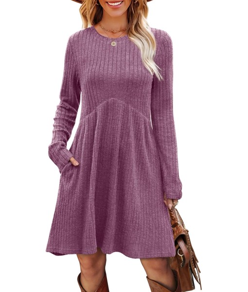 OFEEFAN Long Sleeve Dress for Women Crew Neck Empire Waist Tunic Dress with Pockets