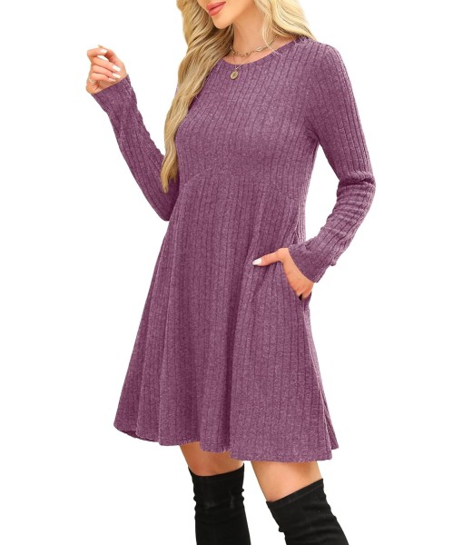 OFEEFAN Long Sleeve Dress for Women Crew Neck Empire Waist Tunic Dress with Pockets
